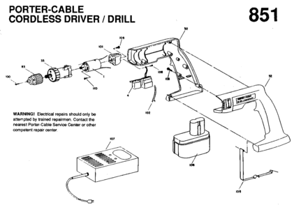 Default Diagram and Parts List for 9851-BDK Type 1 Porter Cable Boring Machine